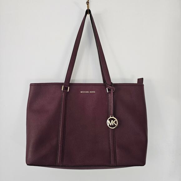 Michael Kors MK Jet Set Travel Large Tote Bag Eggplant Leather Shoulder Purse - Picture 1 of 16